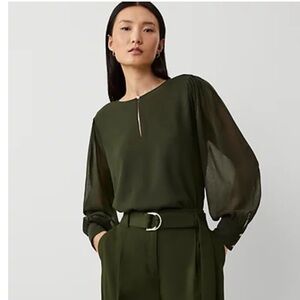 Ann Taylor Mixed Media Split Neck Top Hunter Green Size S